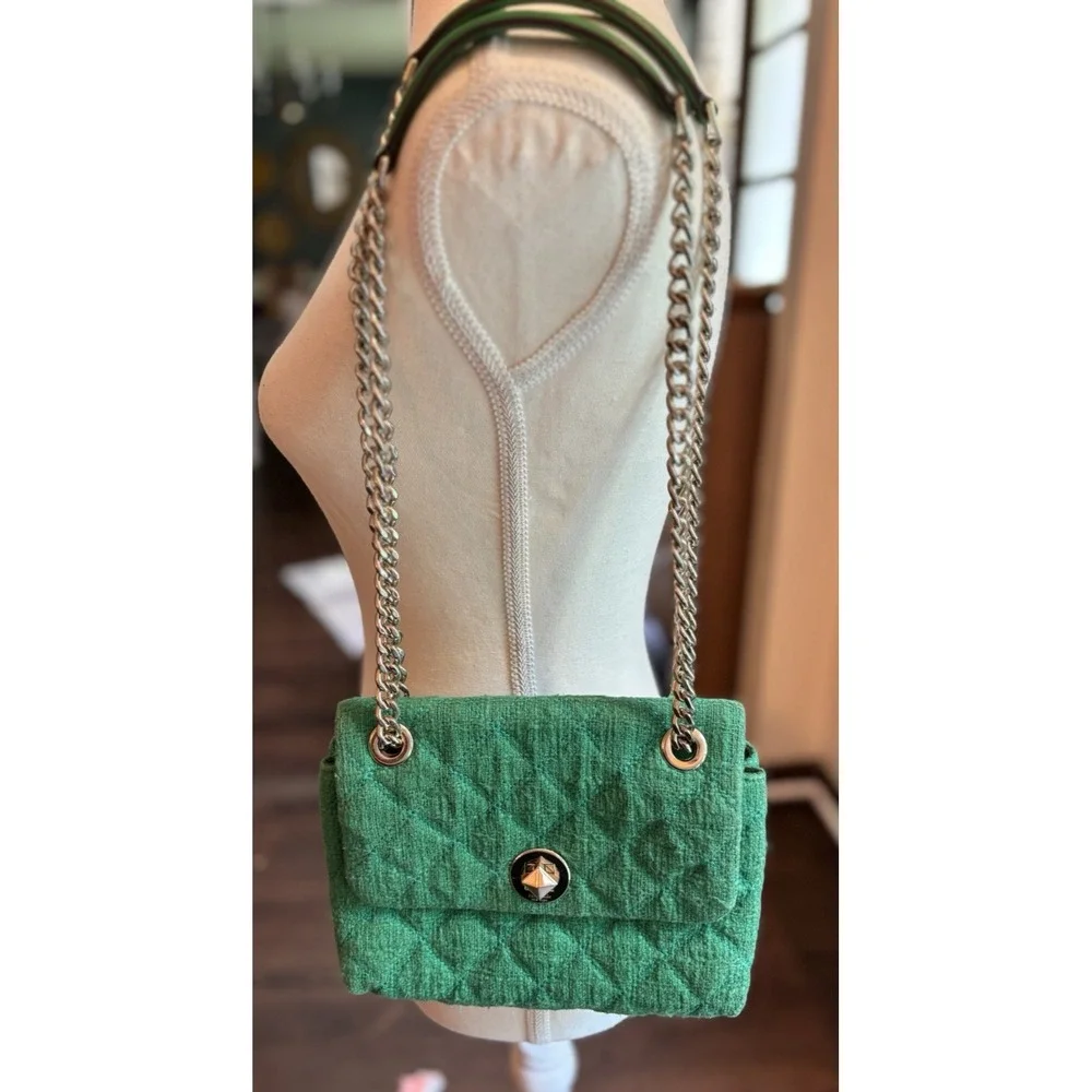 Kate‎ Spade Natalia Solid Quilted Tweed Crossbody Kelly Green Gold Chain New